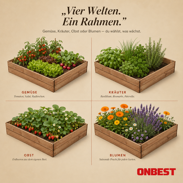 ONBEST Logo. Holz-Hochbeet in vier Beispielen bepflanzt mit Gemüse wie Tomaten und Salat, Kräutern, Erdbeeren sowie Blumen.
