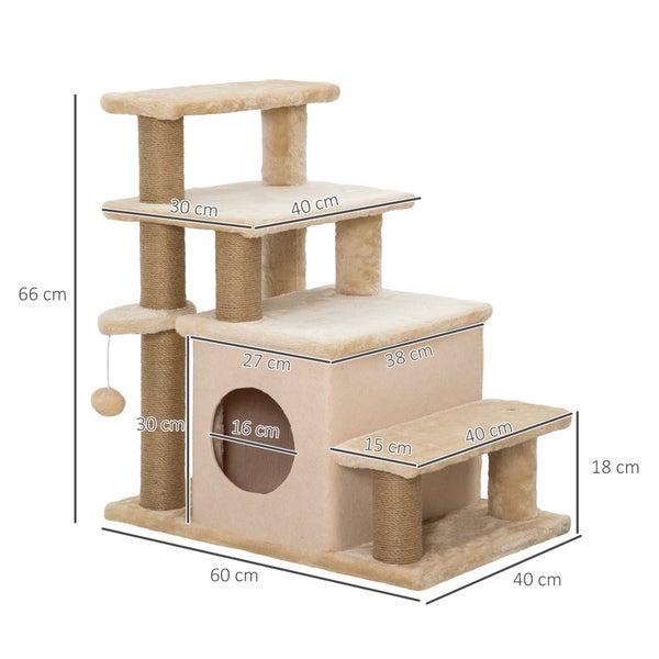 PawHut Haustiertreppe, 3/4-stufige höhenverstellbare Katzentreppe mit Schlafhöhle 2 in 1 praktische Hunderampe für kleine Hunde und Katzen Einstieghilfe für hohe Betten Sofa Beige 60 x 40 x 66 cm