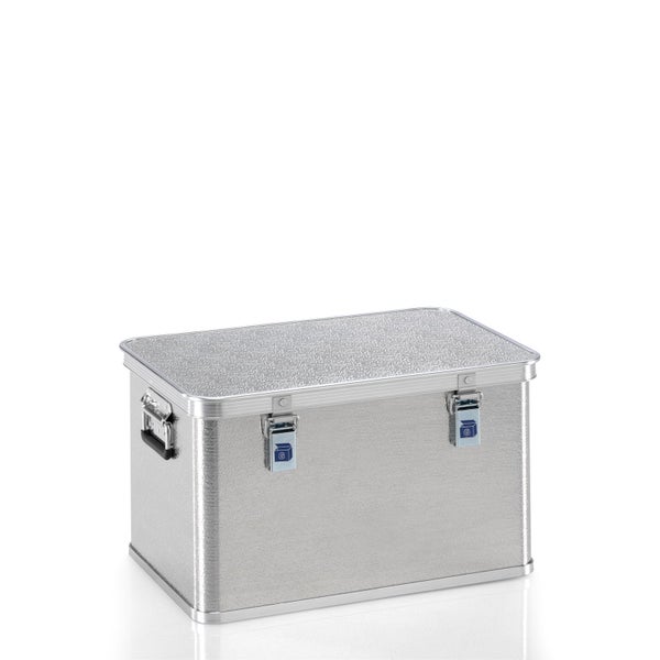 Aluminium-Transportbox mit strukturierter Oberfläche, zwei Schnappverschlüssen vorne und seitlichen Tragegriffen.
