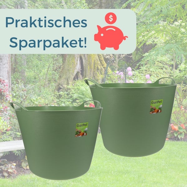 Zwei grüne GarPet Garteneimer im Garten mit Aufschrift 'Praktisches Sparpaket!'