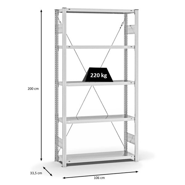 PROREGAL Fachbodenregal Stecksystem T-Profil Medium-Duty Grundregal HxBxT 200 x 100 x 30 cm 5 Ebenen Fachlast 220 kg Einseitig Nutzbar Lichtgrau