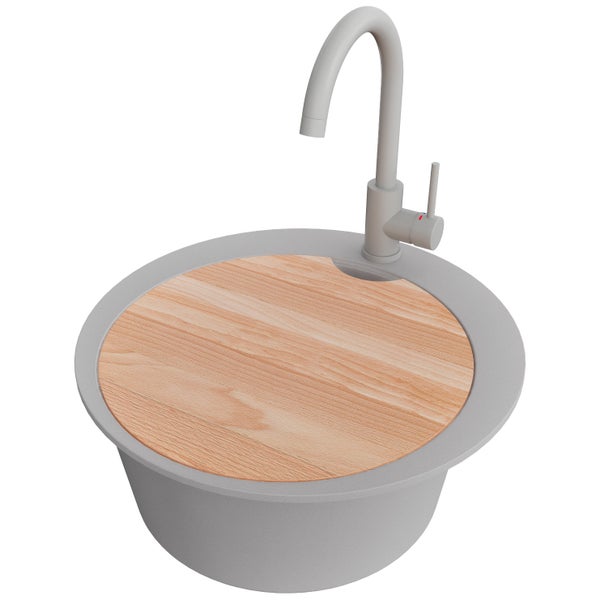 Runde Spüle mit Wasserhahn und Holzabdeckung