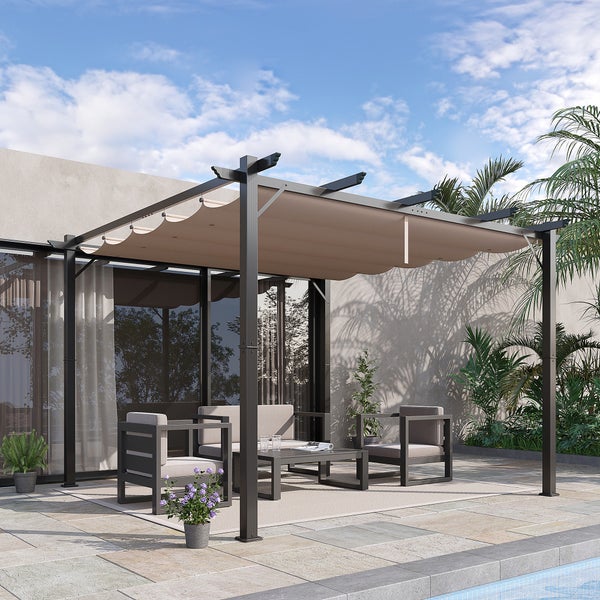 Outsunny Pergola mit Schiebedach, 3x3x2,23 m, Alu, Kohlegrau+Kaffeebraun