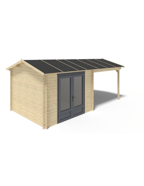 Gartenhaus aus hellem Holz mit Satteldach, dunkler Doppeltür mit Glaseinsatz und seitlichem Anbaudach.