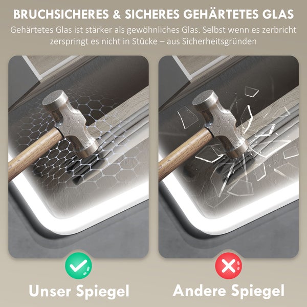 Illustration comparing a shatterproof mirror and a standard mirror under the impact of a hammer