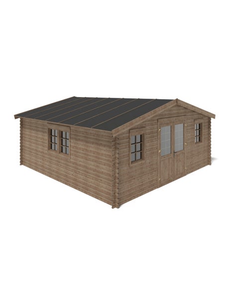 Gartenhaus aus Holz mit Satteldach, Doppelflügeltür mit Glaseinsätzen und mehreren Sprossenfenstern.