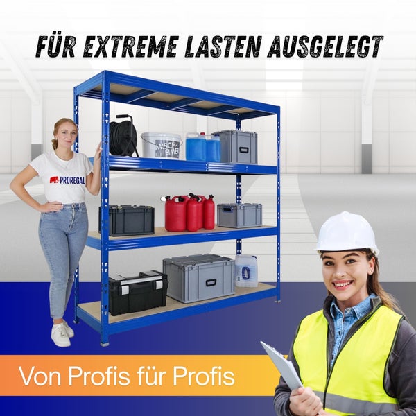 Schwerlastregal aus Metall für Lager oder Werkstatt, beladen mit Werkzeugkoffern, präsentiert von Fachpersonal in organisierter Umgebung.