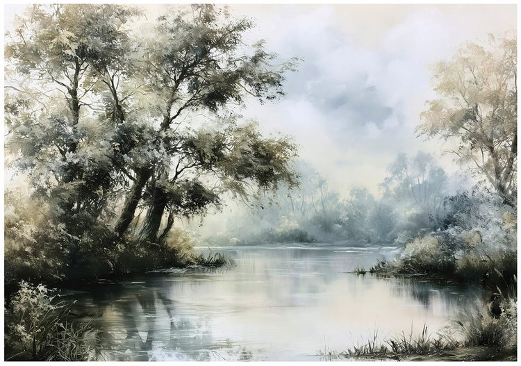 Wandbild mit einer stimmungsvollen Flusslandschaft und Bäumen im nebligen Stil.