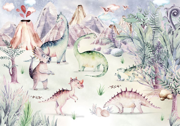 Illustration einer Dinosaurierlandschaft mit Vulkanen, Bergen und verschiedenen Dinosaurierarten