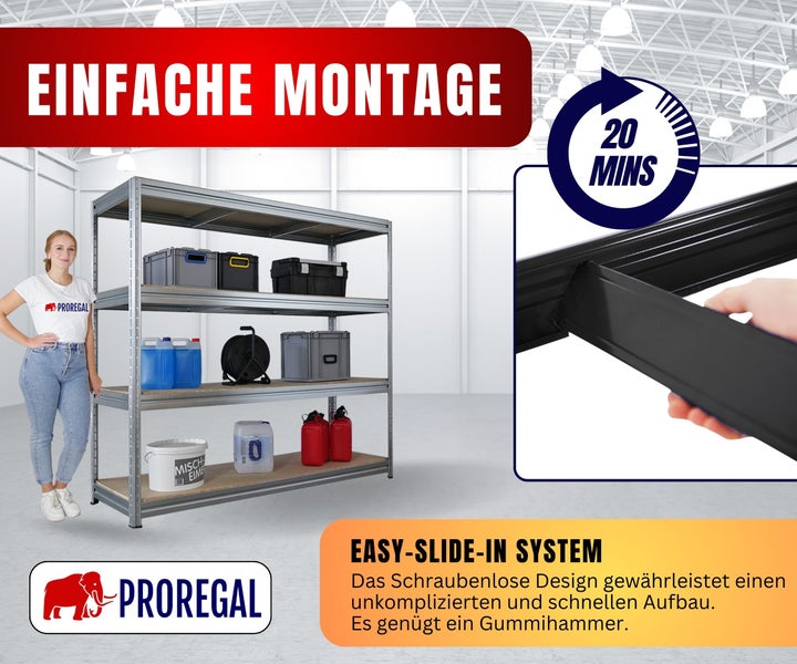 Proregal Schwerlastregal mit vier Ebenen. Einfache Montage durch schraubenloses Stecksystem in circa 20 Minuten. Proregal Logo.
