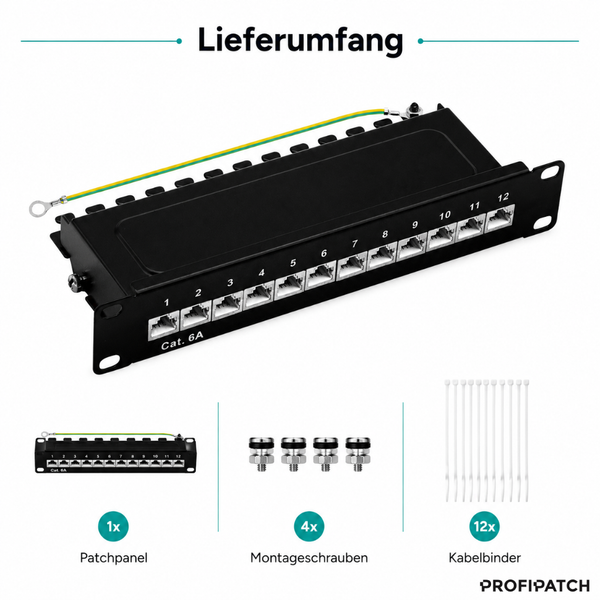 Lieferumfang bestehend aus einem Kategorie 6A Patchpanel mit zwölf Ports, vier Montageschrauben und zwölf Kabelbindern. Profipatch Logo.