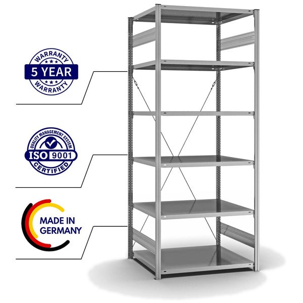PROREGAL Fachbodenregal Stecksystem T-Profil Light-Duty Grundregal HxBxT 250 x 100 x 80 cm 6 Ebenen Fachlast 130 kg Einseitig Nutzbar Verzinkt