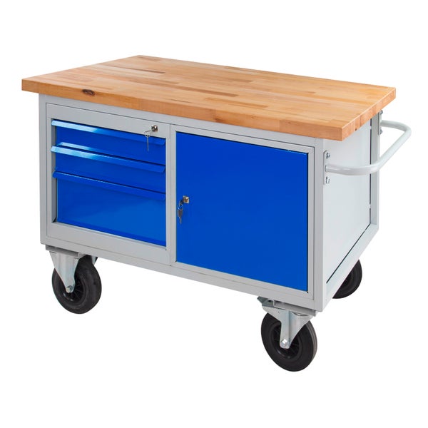 PROREGAL Mobile Werkbank Rhino mit 3 Schubladen 1 Tür HxBxT 83 x 130 x 60 cm Traglast 500 kg Lichtgrau Blau