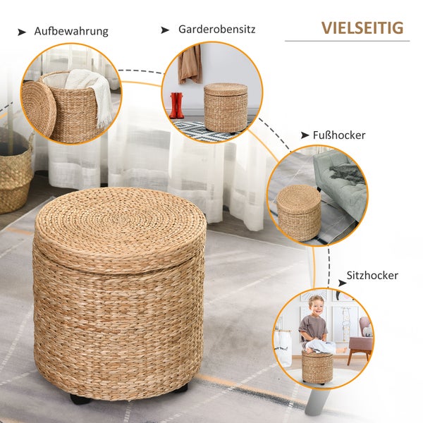 HOMCOM Sitzhocker mit Stauraum Hocker mit Deckel, Runder Fußhocker Sitzwürfel Aufbewahrungsbox Polsterhocker mit Beine, 43 x 43 x 43 cm Khaki