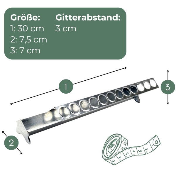 Abmessungen des Taubenschutzes: 30 Zentimeter Länge, 7,5 Zentimeter Breite, 7 Zentimeter Höhe, 3 Zentimeter Gitterabstand