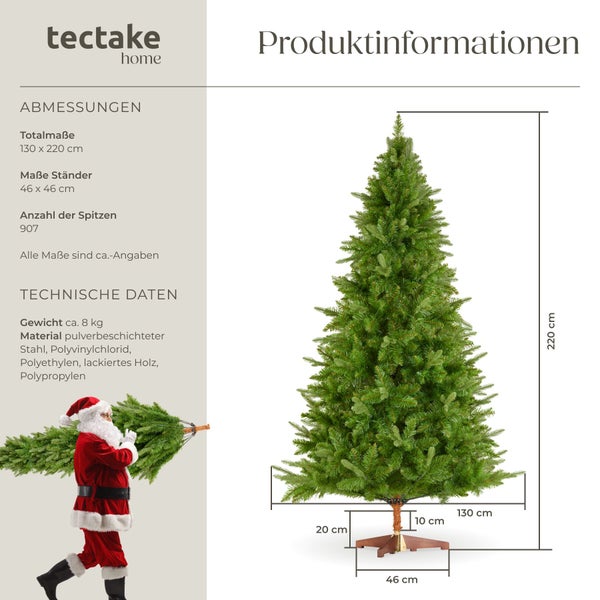 Künstlicher Weihnachtsbaum mit 220 Zentimeter Höhe inklusive technischer Daten und Maßangaben der Marke Tectake Home.