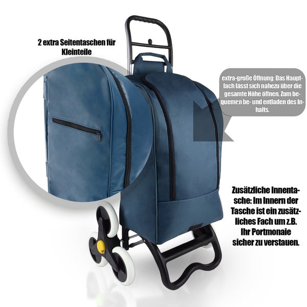 BigDean Einkaufstrolley mit Treppensteiger-Funktion, Kühlfach & 6 großen Rädern - 40L faltbar blau - Einkaufswagen Einkaufsroller Kühltasche Einkaufstasche Treppensteiger