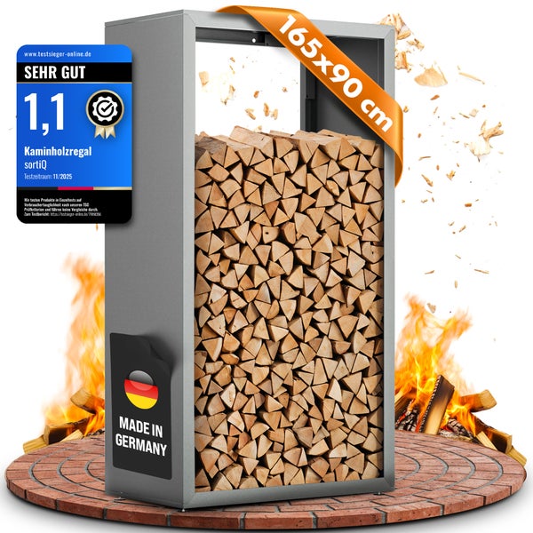 Kaminholzregal mit Holzscheiten, Maße 165x90 cm, Testsieger-Siegel und Made in Germany Kennzeichnung