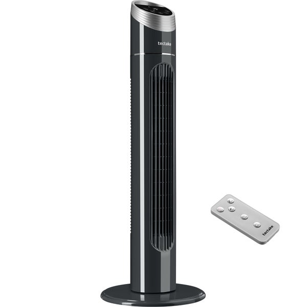 tectake Turmventilator mit digitalem Display und Fernbedienung.