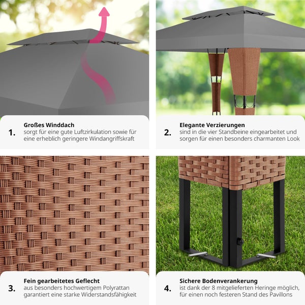 Rattan Gartenpavillon tectake Mona inklusive Heringen 4 x 3 m braun/anthrazit