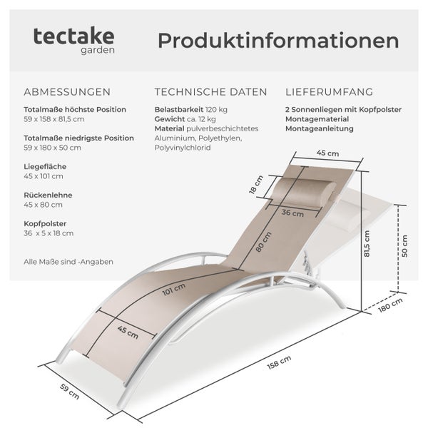 2er Set Gartenliege tectake Alina 180 x 59 x 50 cm Textilene-Gewebe beige