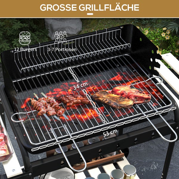 Outsunny Holzkohlegrill aus Metall höheverstellbar Grillrost, BBQ Smoker mit Räder, Holzablage, fahrbar Kohlegrill Grillwagen, Holzkohle Grill für Terrasse Camping, Barbeque, 103x47x95 cm