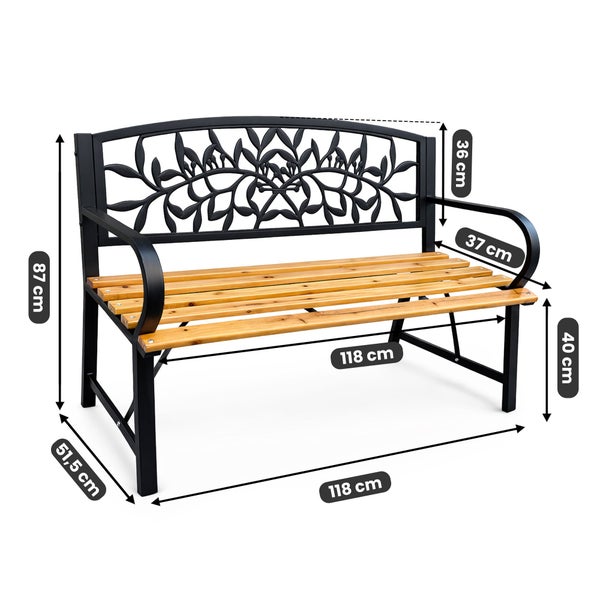 Gartenbank mit Blattmuster-Rückenlehne, Holzlatten und Metallgestell auf einem Balkon, geeignet für Balkon, Terrasse und Garten.