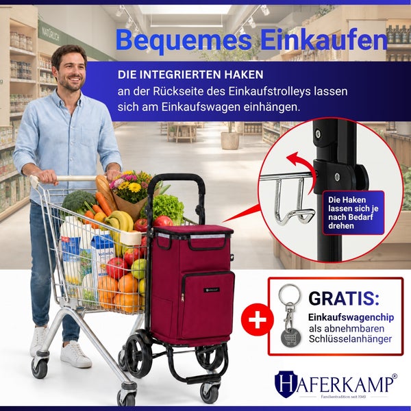 Haferkamp Einkaufstrolley mit integrierten Haken zum Einhängen am Einkaufswagen, inklusive gratis Einkaufswagenchip-Schlüsselanhänger.