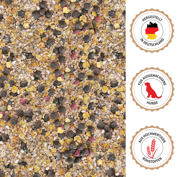 Hundefutter mit Getreideflocken und Pellets