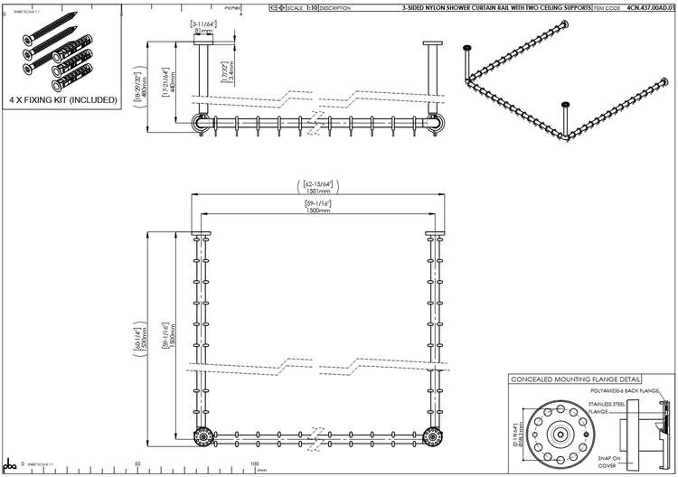 Technische Zeichnung einer dreiseitigen Nylon Duschvorhangstange mit zwei Deckenstützen, inklusive Befestigungsset und Maßen in Millimeter.