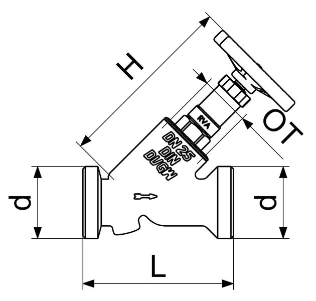 Maßzeichnung Schrägsitzventil mit Angaben für Länge L, Höhe H, Durchmesser d und Handrad OT. Nenndurchmesser 25, DIN und DVGW zertifiziert.