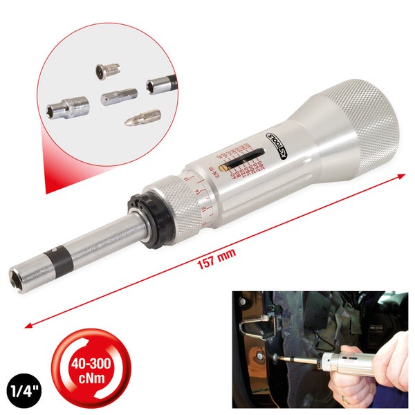 Drehmoment-Schraubendreher mit verschiedenen Aufsätzen und einer Länge von 157 Millimeter, 40 bis 300 cNm und einem Viertel Zoll Anschluss