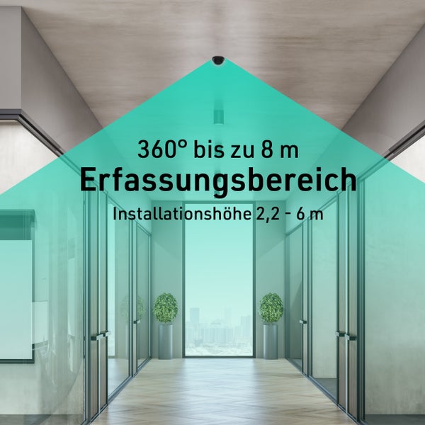 Innenraum mit einer Überwachungskamera an der Decke, die einen 360-Grad-Erfassungsbereich bis zu 8 Metern und eine Installationshöhe von 2,2 bis 6 Metern abdeckt