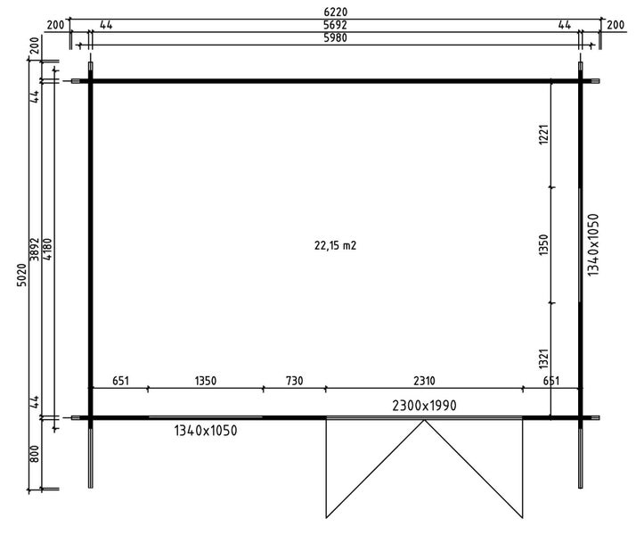 Grundriss eines Gartenhauses mit einer Fläche von 22,15 Quadratmetern und detaillierten Maßangaben in Millimetern.
