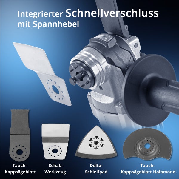 Multifunktionswerkzeug mit integriertem Schnellverschluss und Aufsätzen wie Sägeblatt, Schaber und Delta-Schleifpad.