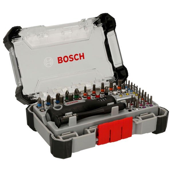 Bosch Logo Bitset mit Schraubendreher und verschiedenen Bits in einem transparenten Koffer