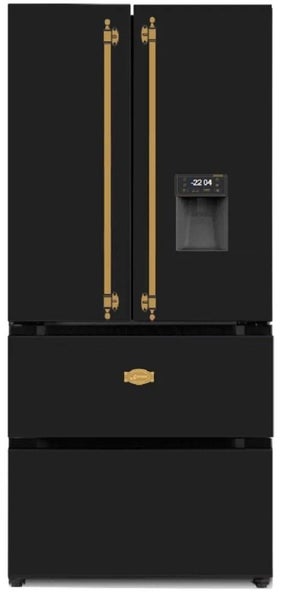 Freistehender viertüriger Kühlschrank mit Eisfach und Wasserspender sowie Metallgriffen.