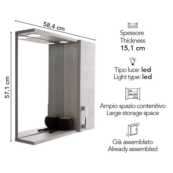 Spiegelschrank für das Badezimmer mit LED-Beleuchtung, Breite 58,4 Zentimeter, Höhe 57,1 Zentimeter, Tiefe 15,1 Zentimeter, bereits montiert.