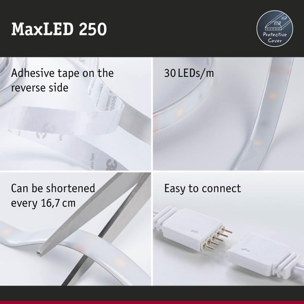 MaxLED 250 LED-Streifen: Selbstklebende Rückseite, 30 LEDs pro Meter, alle 16,7 Zentimeter kürzbar, einfache Steckverbindung und Schutzbeschichtung.