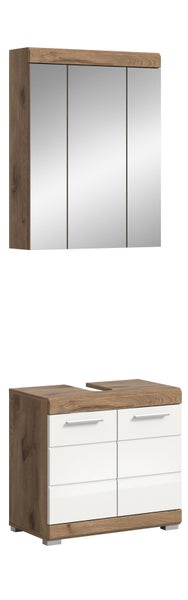 Badezimmermöbel-Set bestehend aus einem dreitürigen Spiegelschrank und einem Waschbeckenunterschrank mit weißen Fronten in Holzoptik.