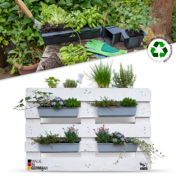 BigDean 16er Set Paletten Blumenkästen - Einsatz - mit Hängesystem zum Einhängen - 37cm beton-grau - Pflanzkasten für Europalette Balkonkasten Blumentopf - aus recyceltem PP-Kunststoff