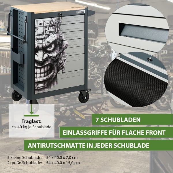 Werkstattwagen von Trutzholm mit 7 Schubladen, Arbeitsplatte aus Holz und Totenkopf Motiv, inklusive Antirutschmatten und Einlassgriffen.