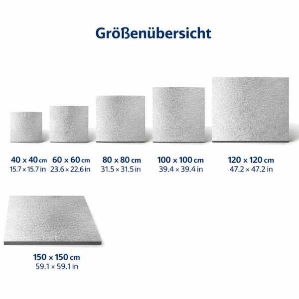 Größenübersicht quadratischer Platten in sechs Formaten von 40 mal 40 Zentimeter bis 150 mal 150 Zentimeter.