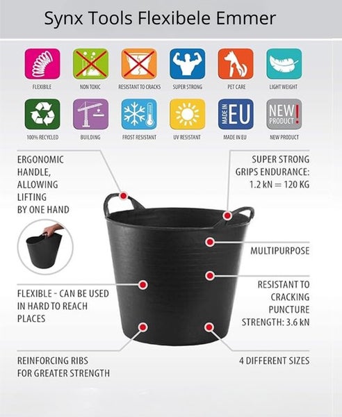 Flexibler Eimer mit ergonomischem Griff, geeignet für den Bau, frost- und UV-beständig, aus recyceltem Material