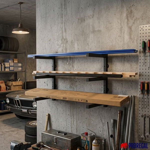 Wandregal für Langgut aus schwarzem Metall an einer Betonwand in einer Garage, beladen mit Profilen und einem Karton.