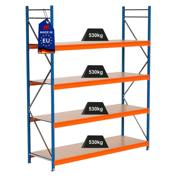 Lagerregal mit vier Ebenen und einer Traglast von 530 Kilogramm pro Ebene
