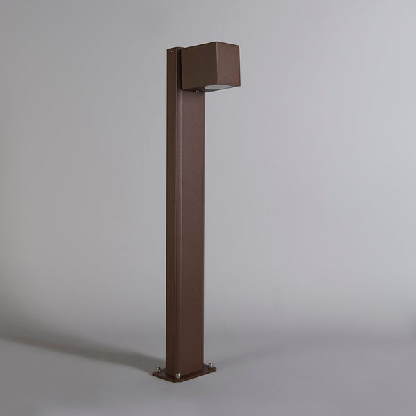 Rechteckige Außen-Pollerleuchte aus Metall mit würfelförmigem Leuchtenkopf.