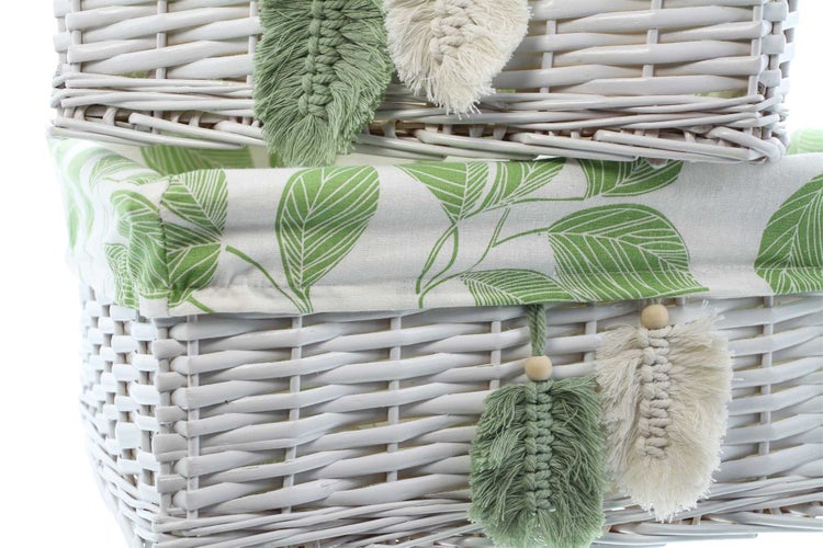 FRANK FLECHTWAREN | Korbset Blätter, 3tlg., Wäschekorb 47 x 35 x 55 cm, Füllkörbe 34 x 25 x 15 cm, 40 x 31 x 17 cm, WEIDE, TEXTIL, KUNSTLEDER,