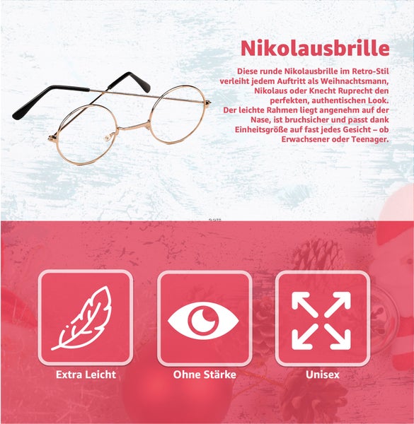 Nikolausbrille mit runden Gläsern und leichtem Rahmen