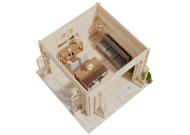 Isometrische Innenansicht eines Gartenhauses aus Holz mit Sofa, Esstisch, Stühlen und gläsernen Falttüren. Hell und organisiert eingerichteter Raum.